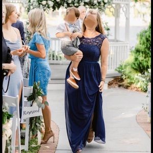 Navy blue bridesmaid/formal dress with long mesh skirt by David’s Bridal